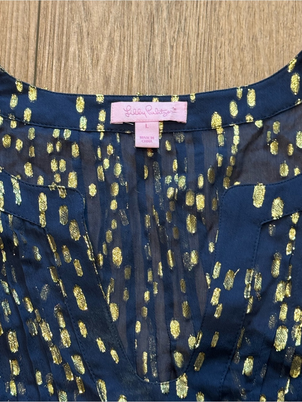 Lilly Pulitzer Navy Blue With Gold Metallic Long-Sleeve Blouse - Picture 3 of 5